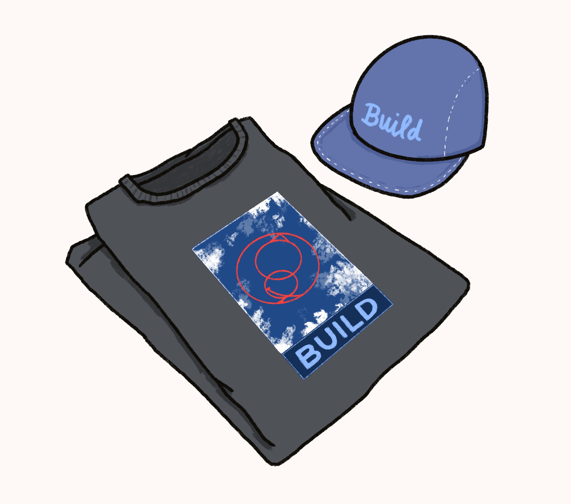Illustration of a "Build" hat and t-shirt