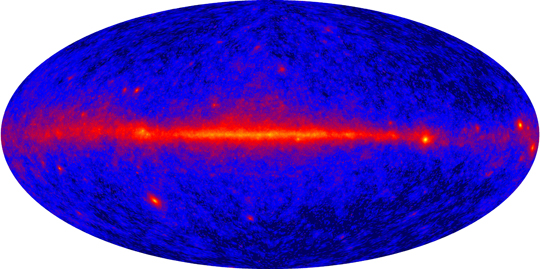 The Fermi All Sky Map, showing the diffuse galactic background from the Milky Way. Courtesy of NASA/DOE/International LAT Team