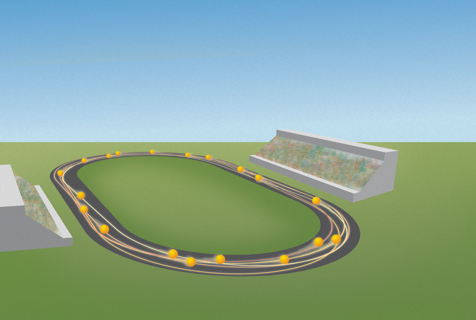 An illustration of particles racing around a track