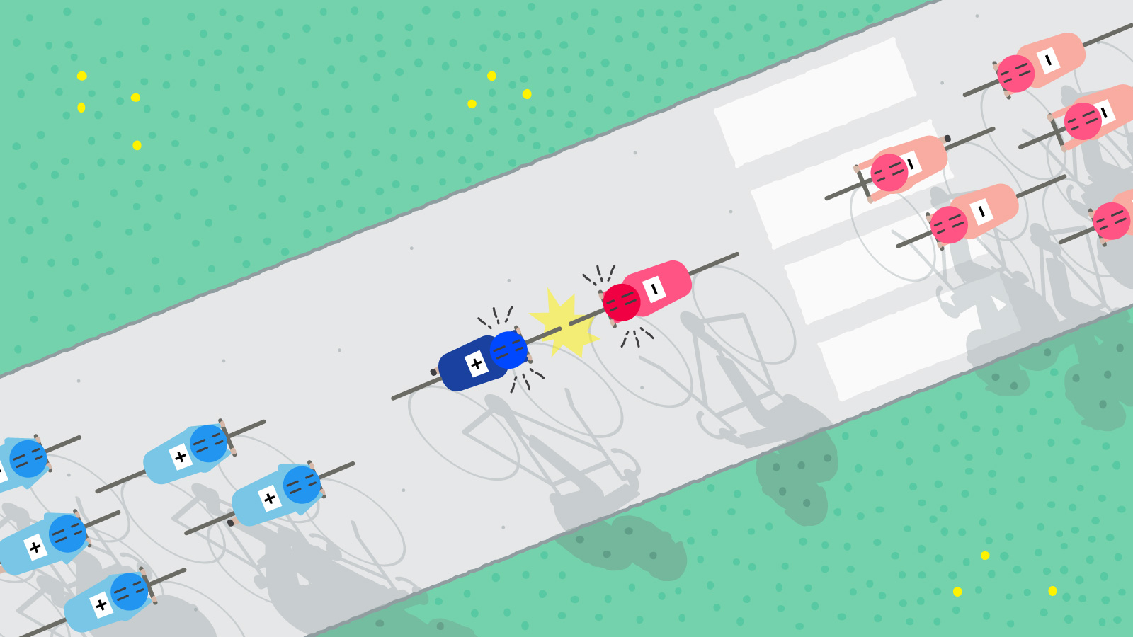 An illustration of particles as cyclists on a collision course