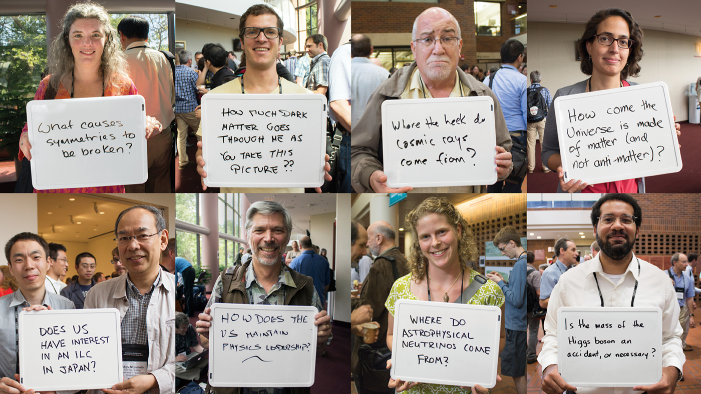 Grid of eight physicists holding whiteboards with different physics questions