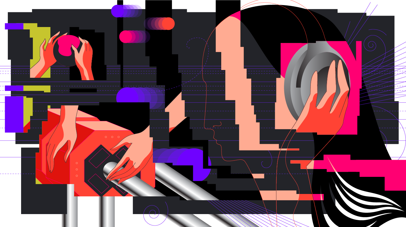 Illustration of a view of the LHC for people with visual impairments (red, black, green, blue, pink, grey, white)