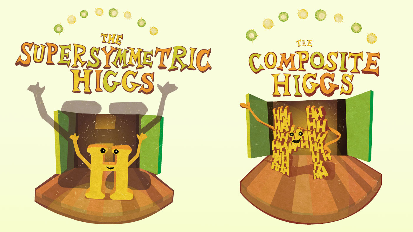 Split screen of H on small stage with a "The Supersymmetric Higgs" title above, H made of smaller H's "The Composite Higgs"