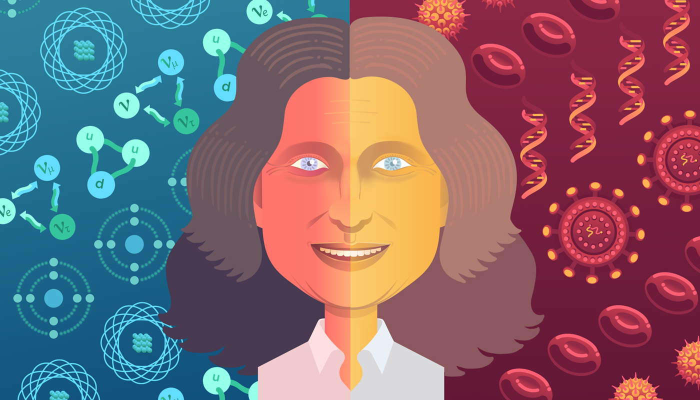 Illustration of Judy Lieberman, split screen blue and red