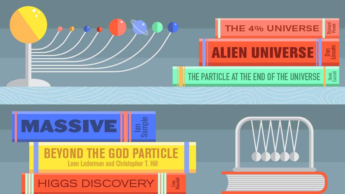 Illustration of bookcase Matter of Energy: HiggsBooks