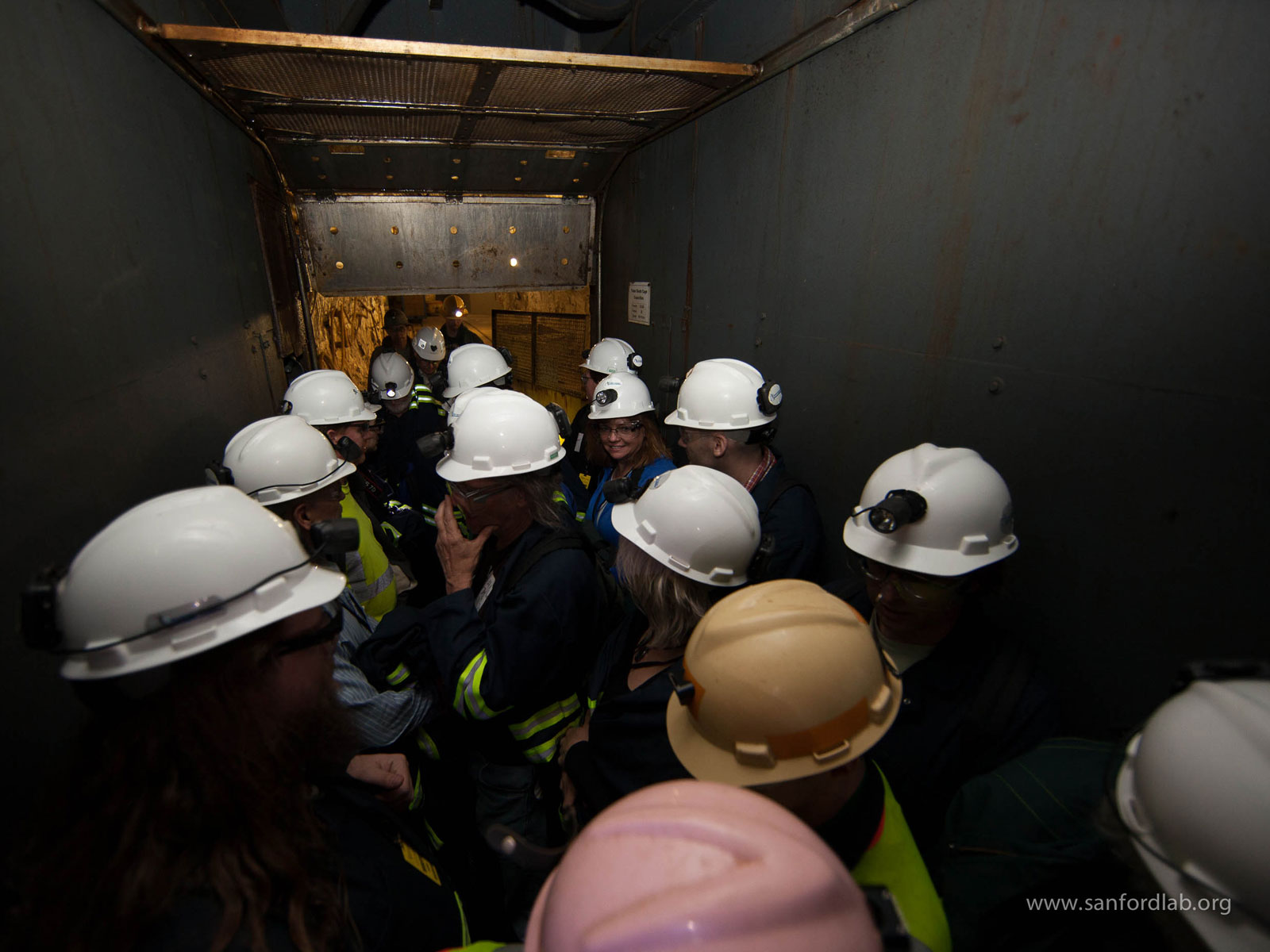 A typical elevator or "cage" at Sanford Lab can accommodate around 15 to 30 people.