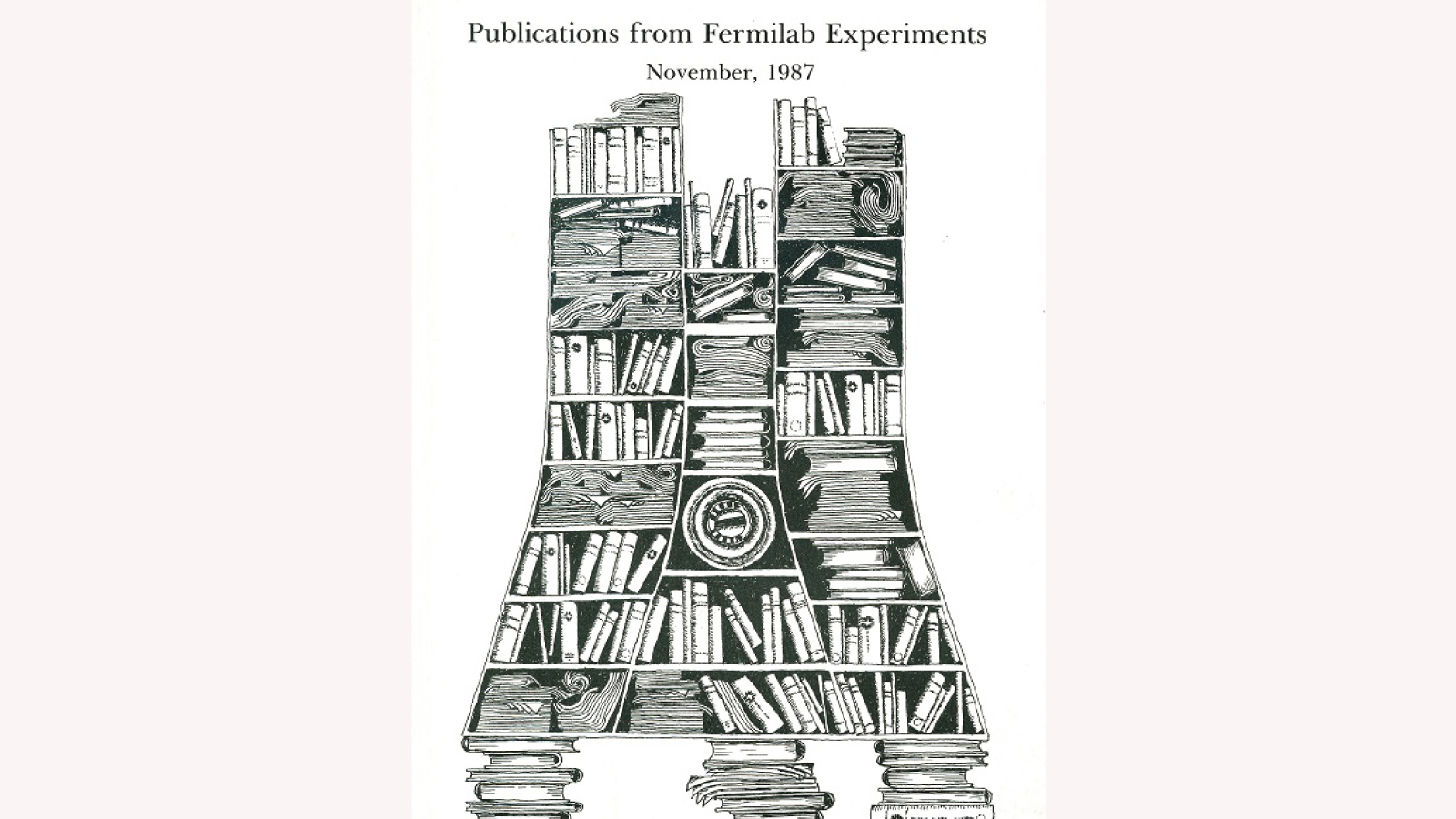 Drawing by Gonzales: documents and books fill a Wilson Hall-shaped bookshelf on the cover Publications from Fermilab Experiments