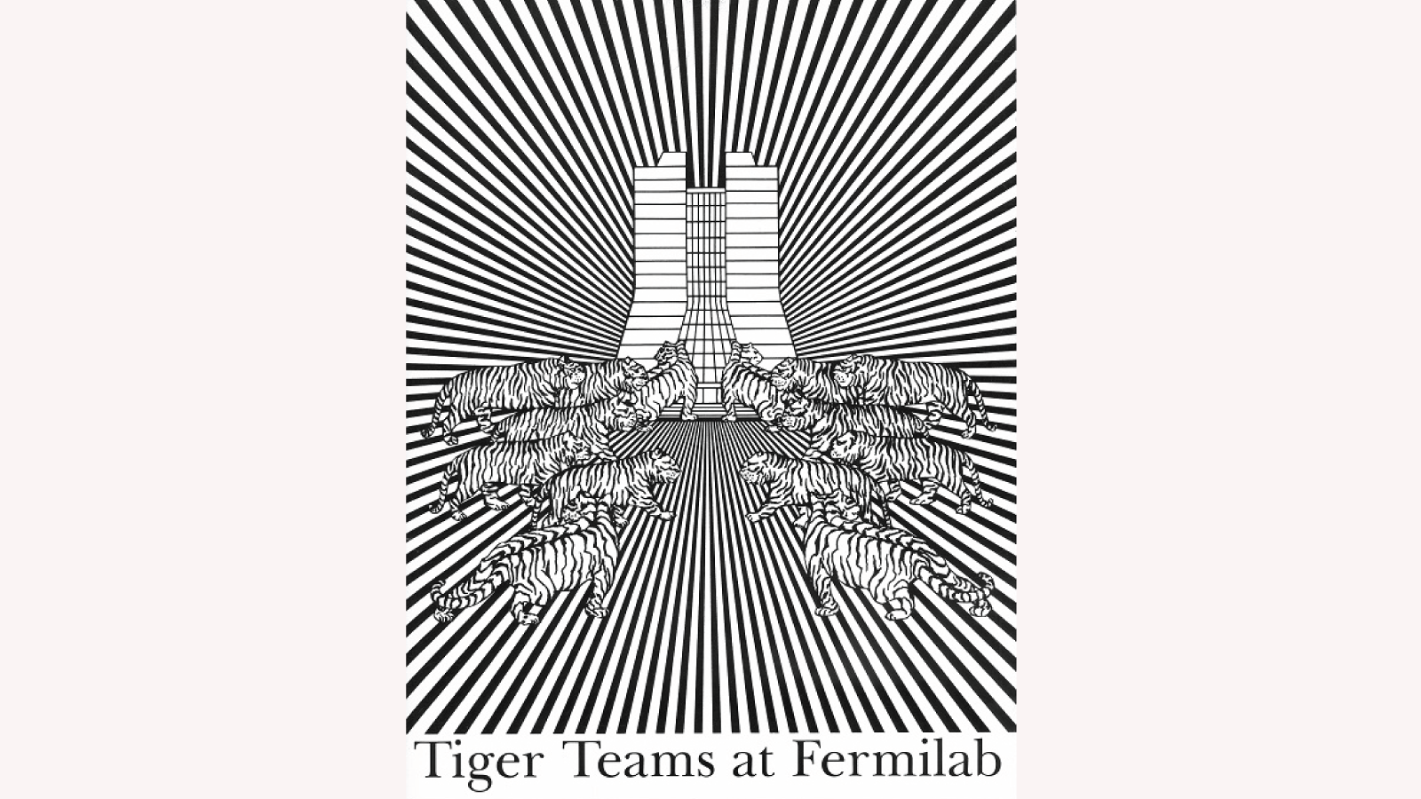 Drawing by Gonzales: bold lines unite Wilson Hall and tigers on the cover of the Tiger Teams at Fermilab (1992)