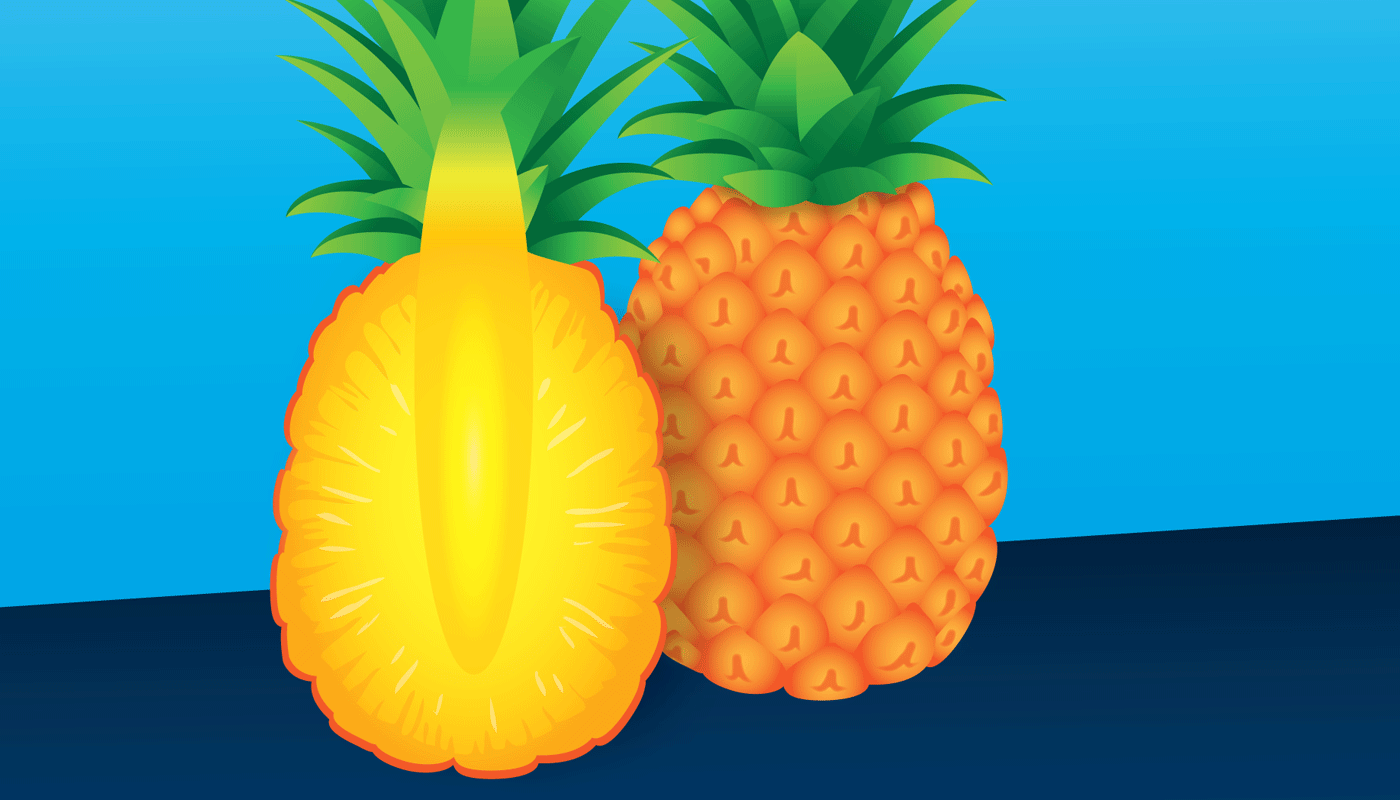 Illustration of pineapple (right) pineapple cut in half (left)