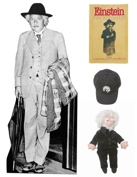 Einstein cut-out, book, hat and doll