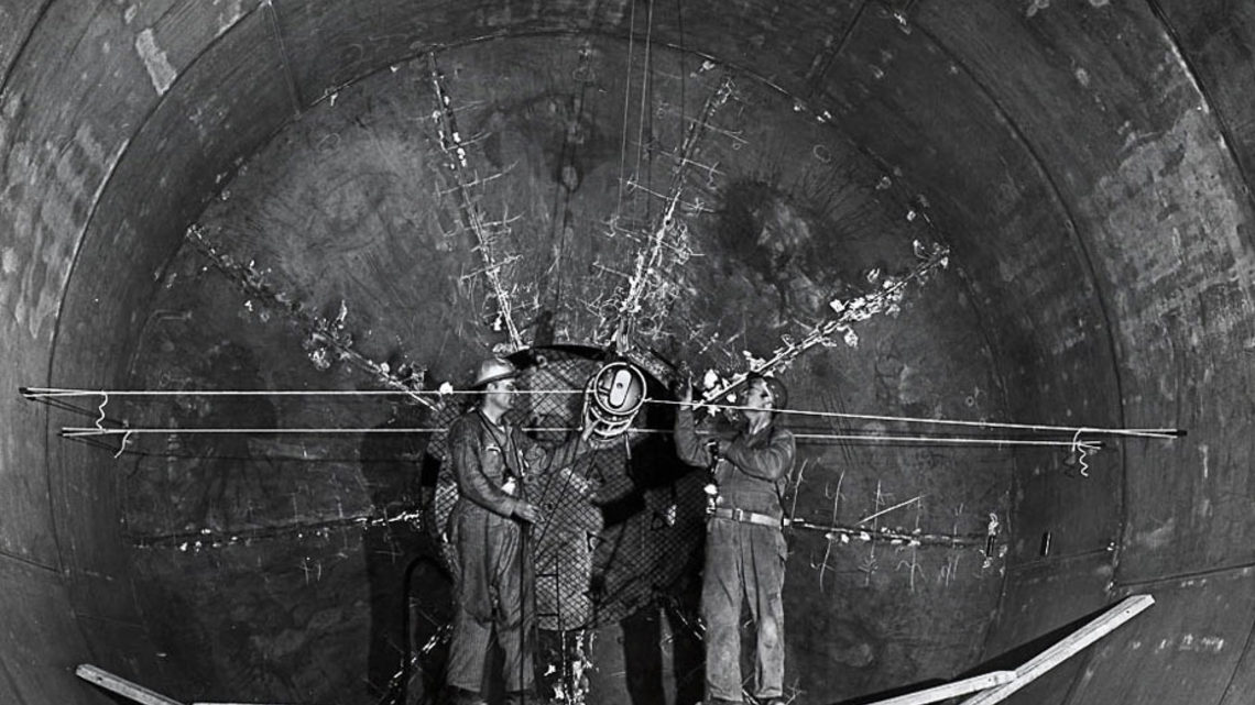 Homestake employees work on the solar neutrino detector.