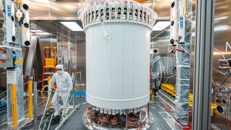 LZ’s central detector, the time projection chamber, in a surface lab clean room before delivery underground.