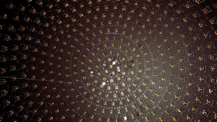 Photomultipliers arranged in a spiral inside the MiniBooNE experiment