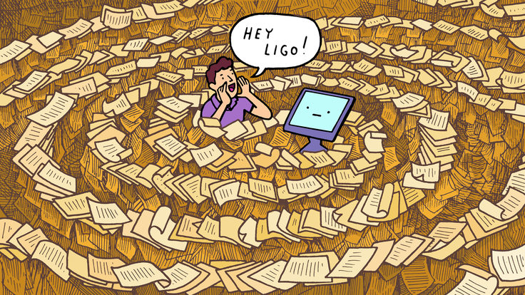 An illustration of a man surrounded by a swirl of paper shout's "Hey LIGO" at a computer