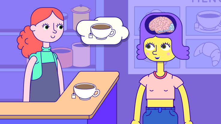 Cartoon: a thought bubble between a barista and a customer contains a cup of coffee.