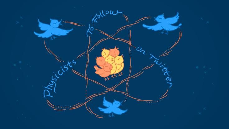 Illustration of twitter birds moving in atom movement that says "Physicists To Follow On Twitter"