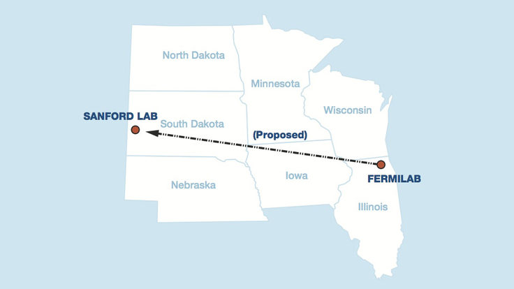 Illustration of the neutrino beam for the proposed LBNE experiment would travel through to a far detector in Lead, SD