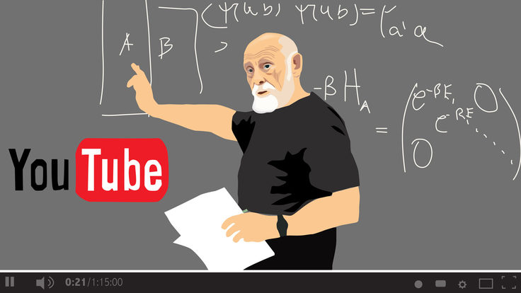 Illustration of Leonard Susskind on YouTube screen: Not just old codgers