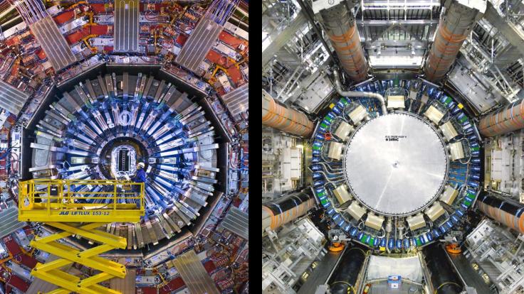 Split screen image shows the CMS and ATLAS detectors at CERN.