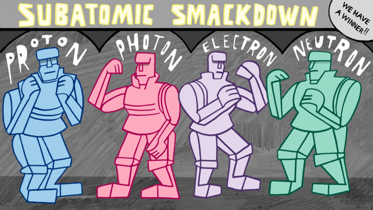 Illustration of four Rock 'Em Sock 'Em robots representing the four particles in the Subatomic Smackdown